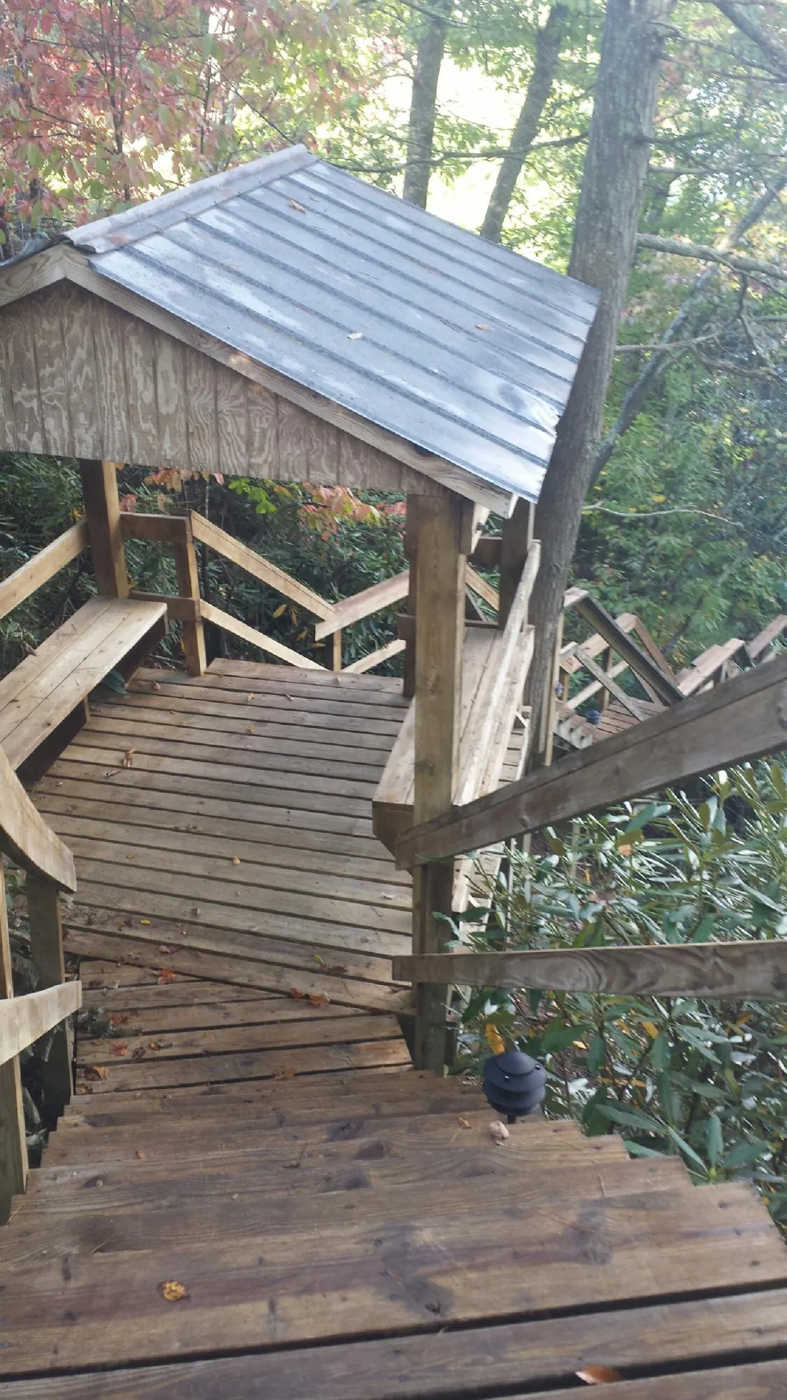Metal roofed shelter over wooden steps on a wooded walkway — Skylight Repair & Installation work by our crew in Le Center